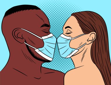 Pop sanat tarzında renk vektör çizimi. Afro-Amerikalı bir adam ve beyaz bir kadın birbirlerine bakıyorlar. Covid 'e karşı kavramsal poster. Koruyucu maskeli adam ve kız.