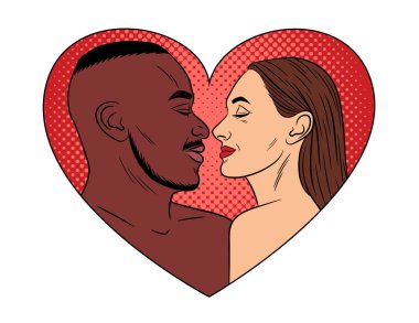 Pop sanat tarzında renk vektör çizimi. Irklar arası çift birbirlerine tutkuyla bakar. Sevgililer günü için kartpostal. Afrika kökenli Amerikalı erkek ve beyaz kadın kalp çerçevesinin içinde birlikte.