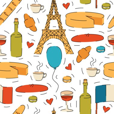 Paris manzaralı kusursuz bir dokuya sahip. Beyaz arka planda izole edilmiş Paris sembolleri. Kartpostal için elle çizilmiş nesneler. Fransa temasında düz biçim deseni