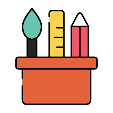 Kalem, skaler ve sanat fırçası içinde kırtasiye tutacağı sergileniyor