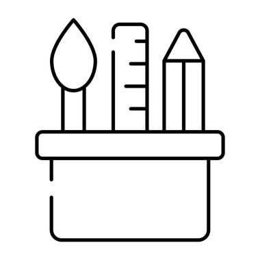 Kalem, skaler ve sanat fırçası içinde kırtasiye tutacağı sergileniyor