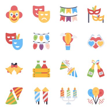 Maskeler ve karnaval düz simgeleri sizin kişisel ya da ticari kullanımınıza mükemmel bir şekilde uyuyor. Yaklaşan projelerinizde kullanılacak yüksek kaliteli simgeler. Mutlu Tasarım!