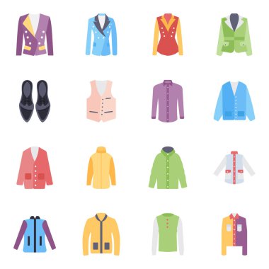 Bu giysi düz simge paketini almaya hazır mısın? Boyut ve şekil olarak tamamen düzenlenebilir, vektörler reklam ve ilgili projeler için tutulmaya değerdir. Mutlu Tasarım.