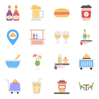 Bu sürü özel yemek ikonları getiriyor. Bu düz vektörler kümesinde yemek ve yemekle ilgili her şeyi bulabilirsiniz. Bu simgeleri menülerinizi süslemek için kullanın, restoranlarınız için benzersiz bir işaret oluşturun.