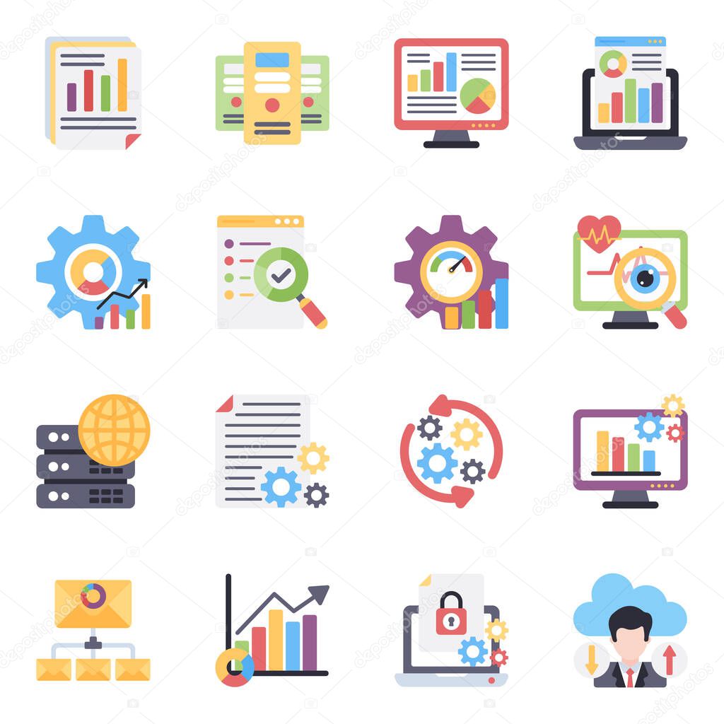 Presenting a set of flat icons conceptualizing business data vectors. The vector icons in this set have vibrant and fun colors with editable quality. Happy downloading.
