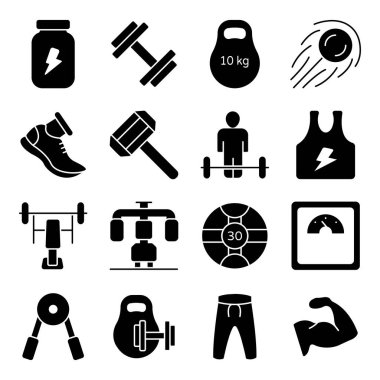 Ağır atletizm ve spor salonuyla ilgili katı ikonlar yaratıcı olarak tasarlanmıştır. Anlık indirme için kullanılabilir ve eklenti içinde kullanılması kolay dosyalar.