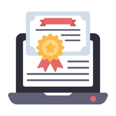 Bilgisayarında rozet olan kağıt, online derece simgesinin düz tasarımı