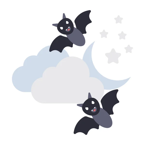 Nubes Con Murciélagos Luna Diseño Plano Noche Halloween — Vector de stock
