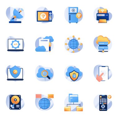 Teknoloji dairesi simgeleri CCTV, ev, sunucu ve daha fazlası gibi en son teknolojik ürünlere sahip. İlgili projelerde kullanılacak kompakt bir teknoloji paketi.