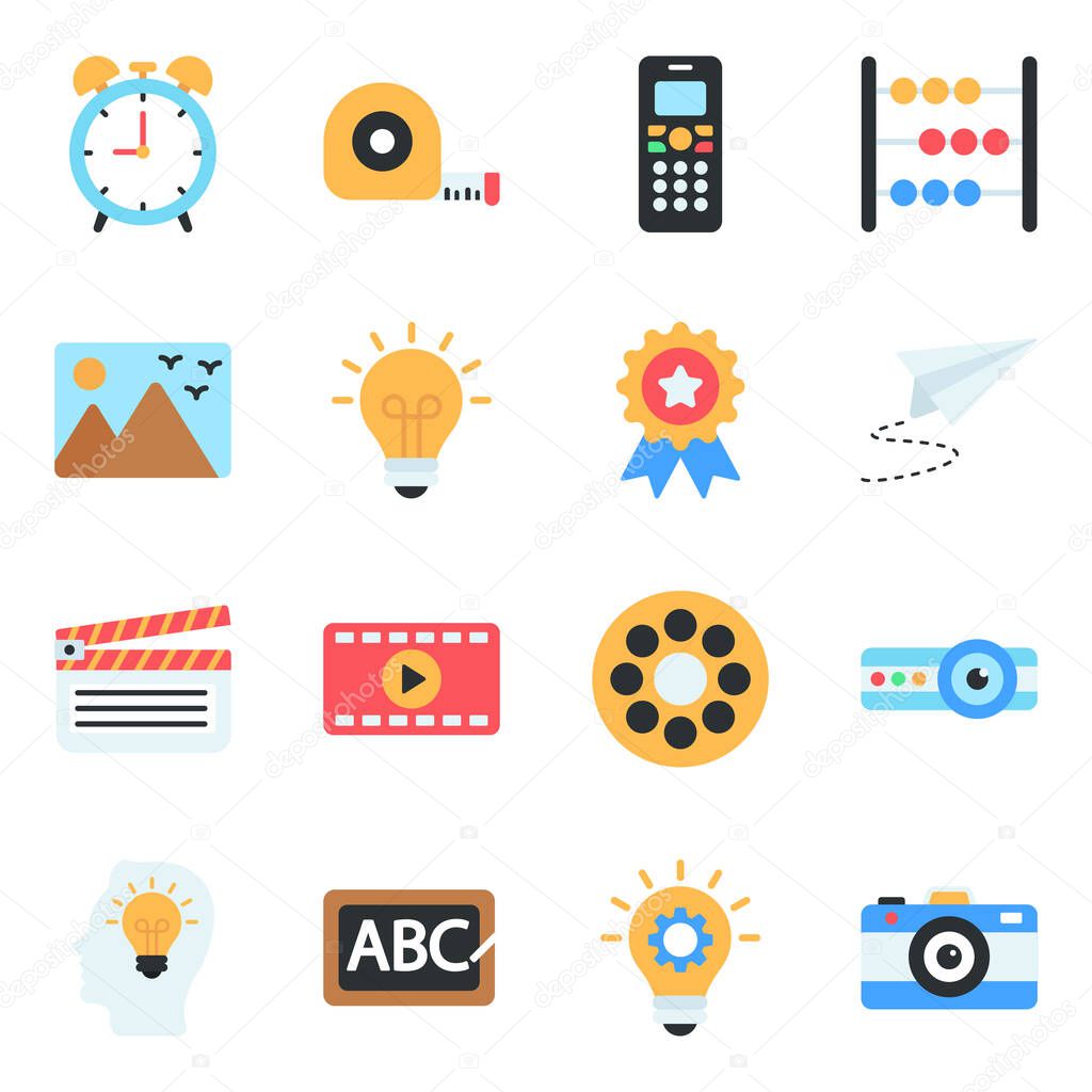 Creative flat icon set of stationery. Created in various designs and colors. Just a click away to add in your collection!