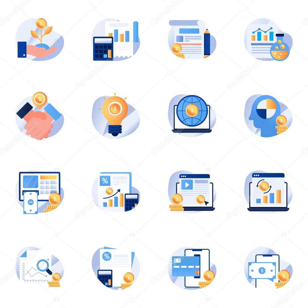 Grab this economy icon pack and make your design projects even more visually captivating. Featuring flat icons of office accessories, project management, payment methods and many more