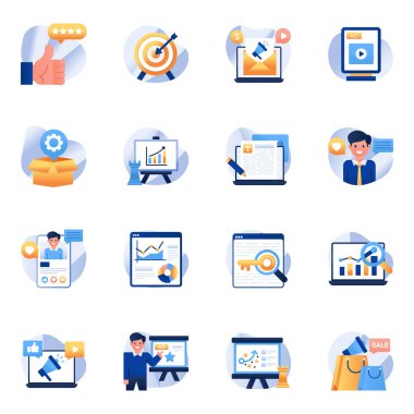 Bir pazarlama paketi tasarım düzeninde size yardımcı olmak için tasarlandı. İşinizi kolaylaştırmak için, aynı zamanda düzenlenebilir olan bu düz simgeleri indirin.