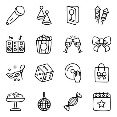 Size harika bir parti ve eğlence paketi getirdik. Bu paket, çeşitli şekillerde beyaz bir arkaplanda sergilenen yaratıcı simgeleri içerir. İyi hazırlanmış bir tasarım indirmeye hazır