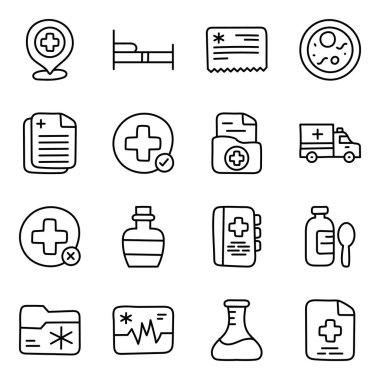 Bu tıbbi ve ilaç ikonları setini indirin. Doğrusal vektör ikonlarında sağlık hizmeti kavramlarıyla ortaya çıkıyor. Bu seti alın ve sağlık, hastane ve tıbbi projelerin tasarımının keyfini çıkarın..