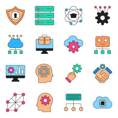 Simgeler makine öğrenimi ve modern teknoloji öğelerinden oluşur. Yaklaşan teknoloji projeleri için mükemmel paket