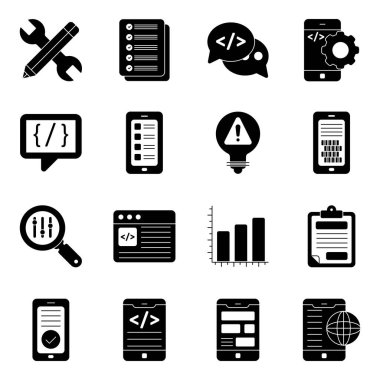 Burada bir dizi mobil geliştirme, uygulama geliştirme, uygulama tasarımı ve tüm grafik projeleri için kullanışlı. Beyaz arkaplandaki düz simgeler, düzenlenmesi ve değiştirilmesi kolay kavramsal görseller sergiliyor.