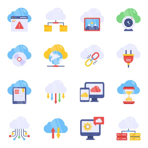 Pack Iconos Planos Cloud Networking — Vector de stock