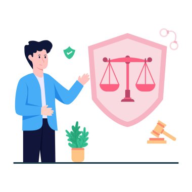 Kanun güvenlik illüstrasyonu, denge ölçekli düz tasarım vektörü kalkan içinde