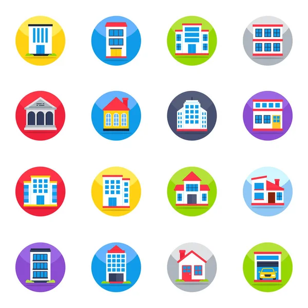 Pack Iconos Planos Edificios Comerciales — Vector de stock