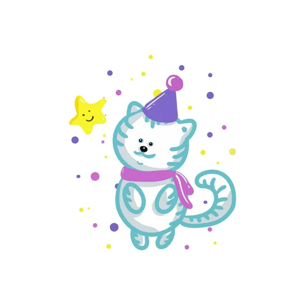 可爱的猫和白底上的小星星 — 图库矢量图片