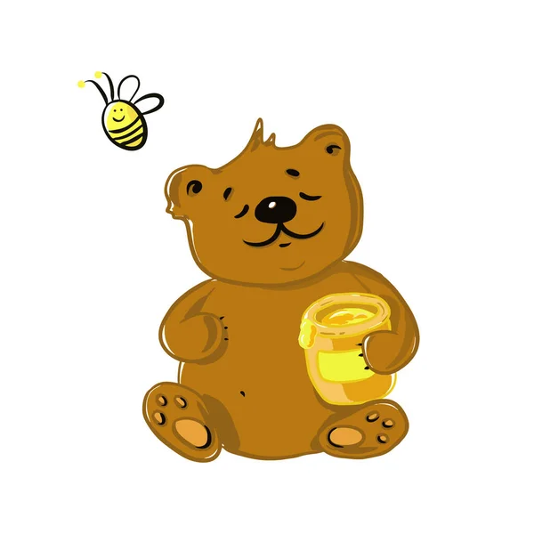 Ведмідь Медом Весела Бджола Білому Тлі — стоковий вектор