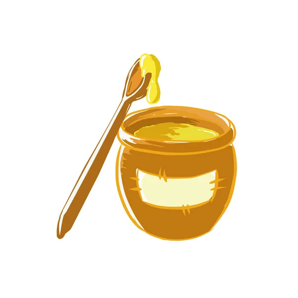 Une Casserole Miel Une Cuillerée Miel Sur Fond Blanc — Image vectorielle