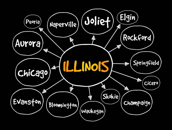 Illinois Deki Şehirlerin Listesi Abd Devlet Zihin Haritası Sunum Raporlar — Stok Vektör