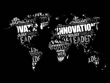 Innovation word cloud in shape of world map, business concept background clipart