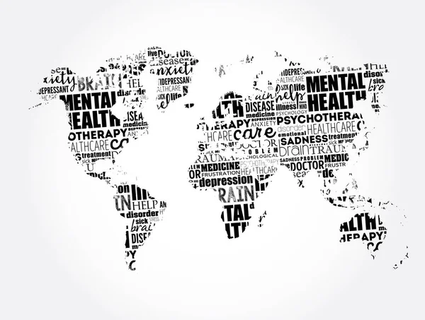 Wortwolke Für Psychische Gesundheit Form Einer Weltkarte Hintergrund Für Soziales — Stockvektor