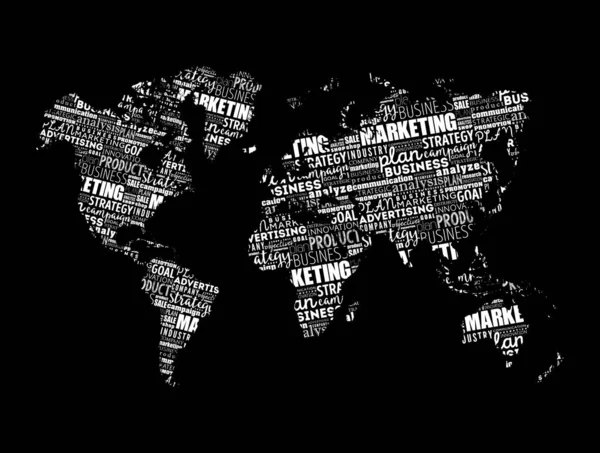 Σύννεφο Marketing Word Σχήμα World Map Φόντο Επιχειρηματικής Ιδέας — Διανυσματικό Αρχείο