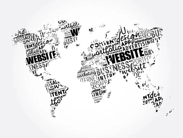 世界地図の形でウェブサイトの生産プロセスワードクラウド 技術コンセプトの背景 — ストックベクタ