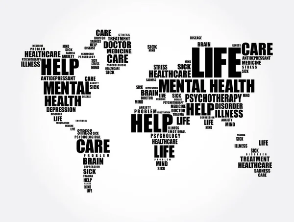Saúde Mental Nuvem Palavras Forma Mapa Mundo Fundo Conceito Social —  Vetores de Stock