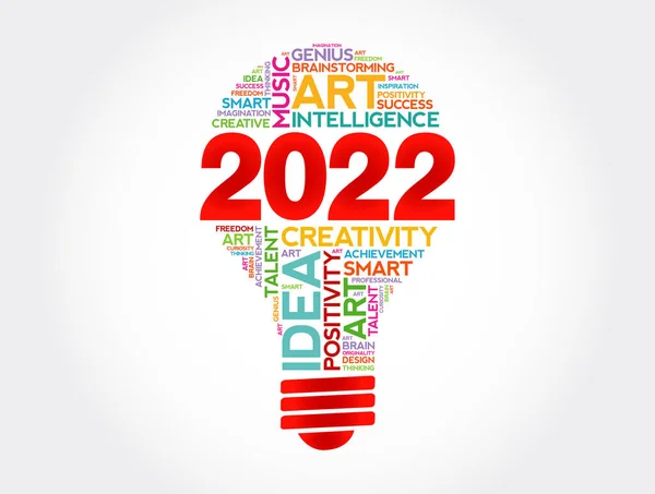 2022 Ideas Creativas Bulbo Palabra Nube Collage Concepto Fondo — Archivo Imágenes Vectoriales