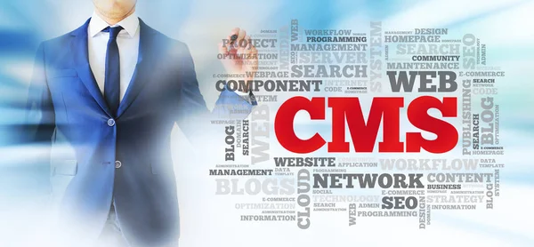 Businessman Mostra Cms Content Management System Word Cloud Business Concept — Foto Stock