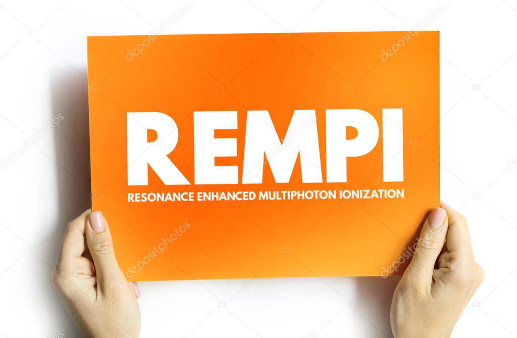 REMPI - resonance-enhanced multiphoton ionization acronym on card, abbreviation concept background