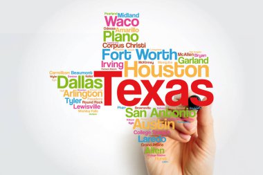 Texas ABD devlet word bulut harita marker, kavram arka plan ile'daki şehirler listesi
