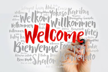 Kelime bulutu marker farklı dillerde, kavramsal arka plan ile hoş geldiniz