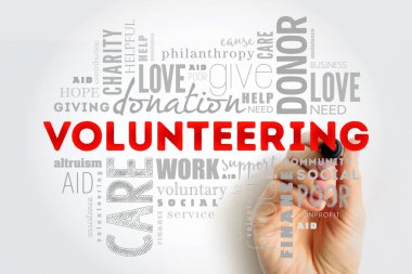 Marker, sosyal kavramı arka plan ile gönüllü kelime bulutu kolaj