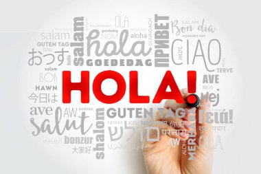 Hola (İspanyolca Merhaba) dünyanın farklı dillerinde işaretli kelime bulutu