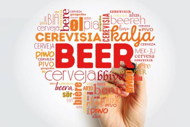BEER dünyanın farklı dillerinde sevgi kalp (İngilizce, Fransızca, Almanca, vb) işaretleyici ile, Word Cloud kolaj, çok dilli arka plan