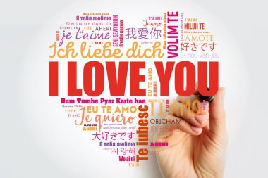 I Love You kalp konsepti kelime bulut kolajı işaretleyici ile dünyanın farklı dillerinde.