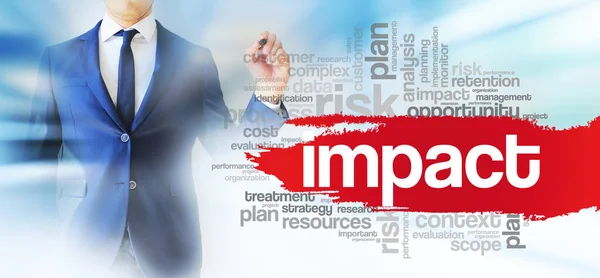 Businessman Shows Impact Word Cloud Collage Business Concept Background — Stock Photo, Image