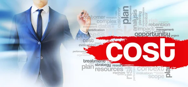 Empresário Mostra Cost Palavra Nuvem Colagem Business Concept Background — Fotografia de Stock