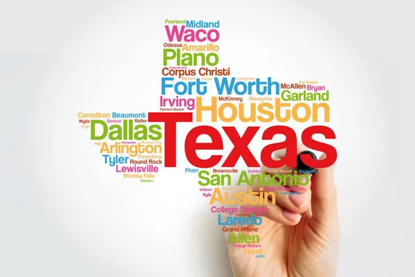 Liste Der Städte Texas Usa State Word Cloud Map Mit — Stockfoto