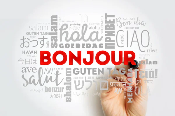 Bonjour Hello Greeting French Word Cloud Marker Different Languages World — Stock Photo, Image
