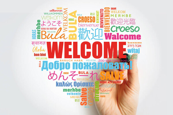 WELCOME love heart word cloud with marker in different languages, conceptual background