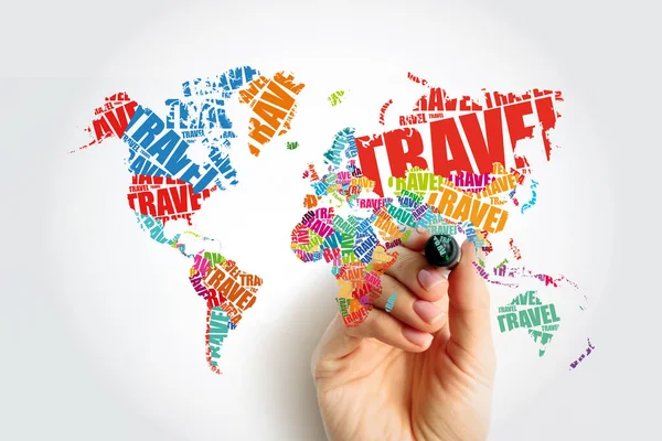 Travel Woord Vorm World Map Typografie Woorden Wolk Met Marker — Stockfoto