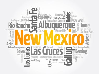 List of cities in New Mexico USA state, word cloud concept background clipart