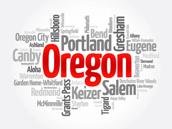 Liste Der Städte Bundesstaat Oregon Word Cloud Konzept Hintergrund — Stockvektor
