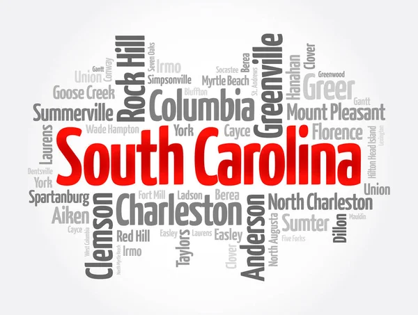 Liste Der Städte Bundesstaat South Carolina Word Cloud Konzept Hintergrund — Stockvektor